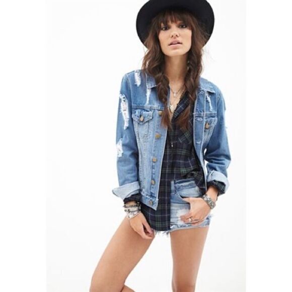 Forever21 Distressed Denim Jacket Large - Picture 1 of 13